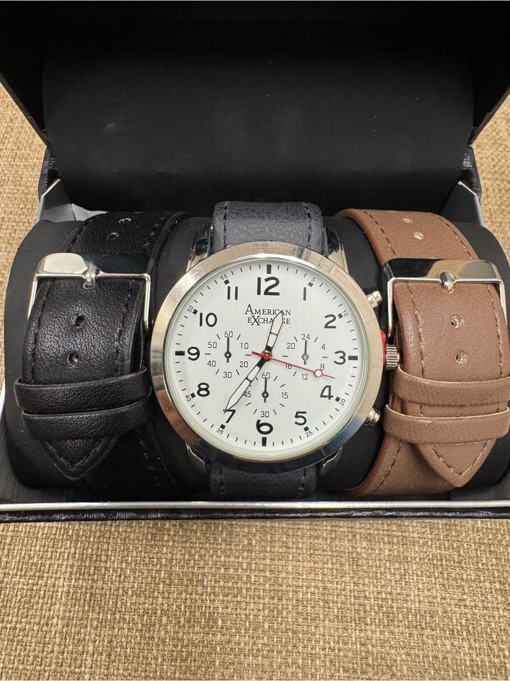 American Exchange Men’s Analog Chronograph Watch White Dial 3 Leather Straps Box